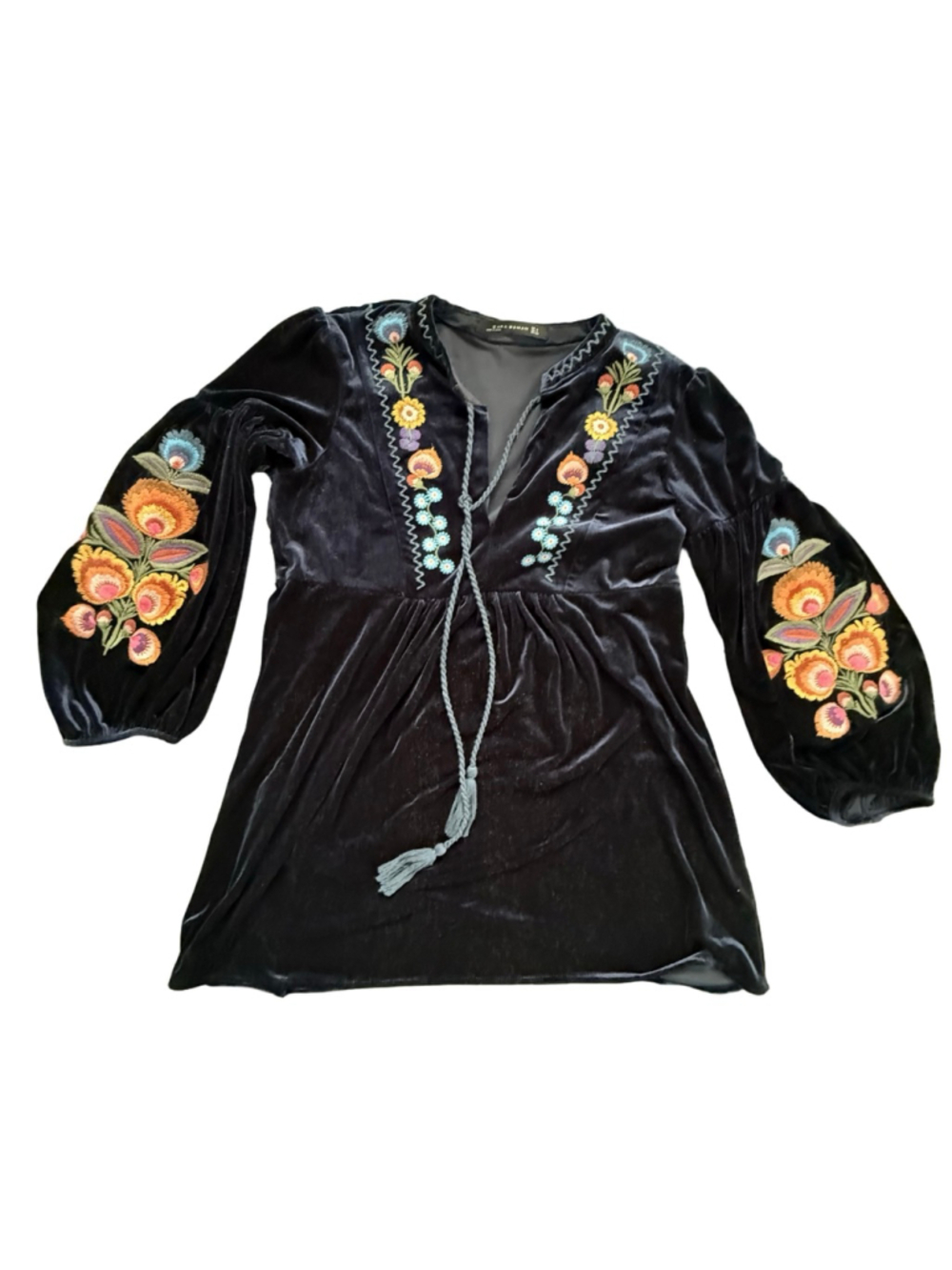 Zara Deep Blue Velvet Embroidered Floral Boho Mini Dress Tunic S